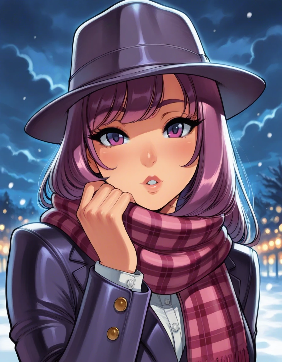 Example result. Prompt: 1girl, solo, (extreme close up), fedora, navy purple fedora, wool fedora, dress shirt, blazer, plaid scarf, cloudy, glancing to left…