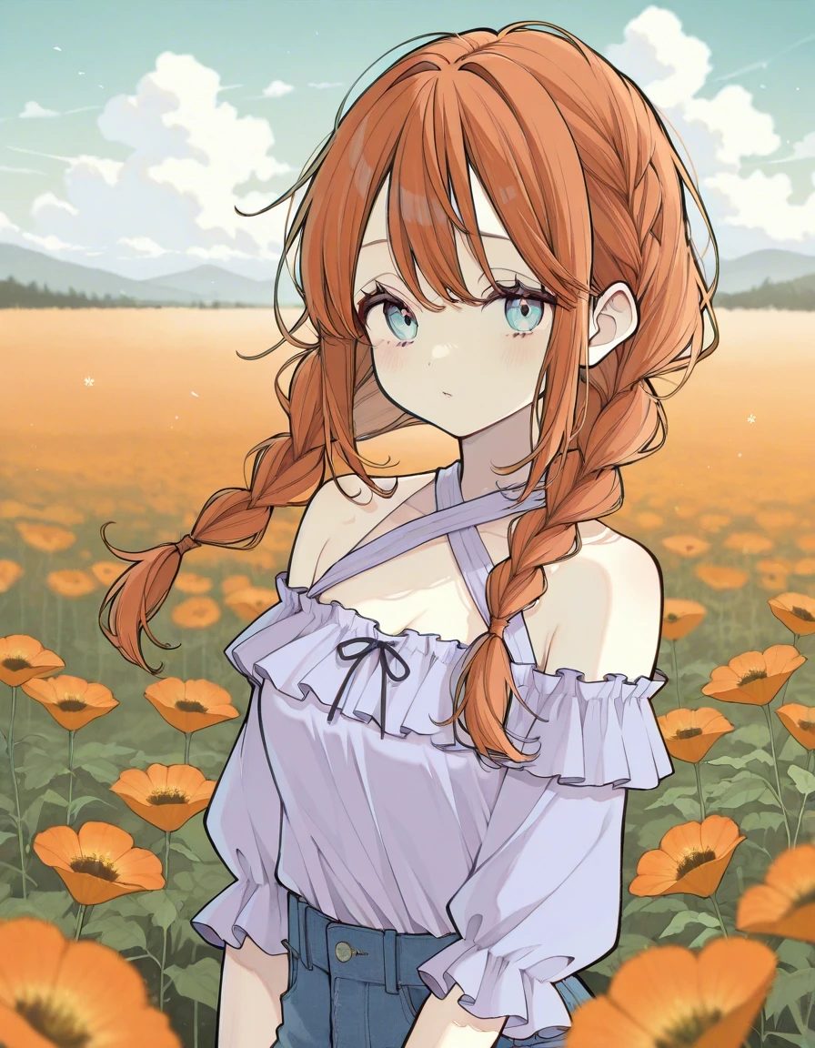 Example result. Prompt: 1girl, solo, auburn hair, multiple braids, looking at viewer, blue eyes, halter blouse, ruffle blouse, light blue-purple blouse, denim…
