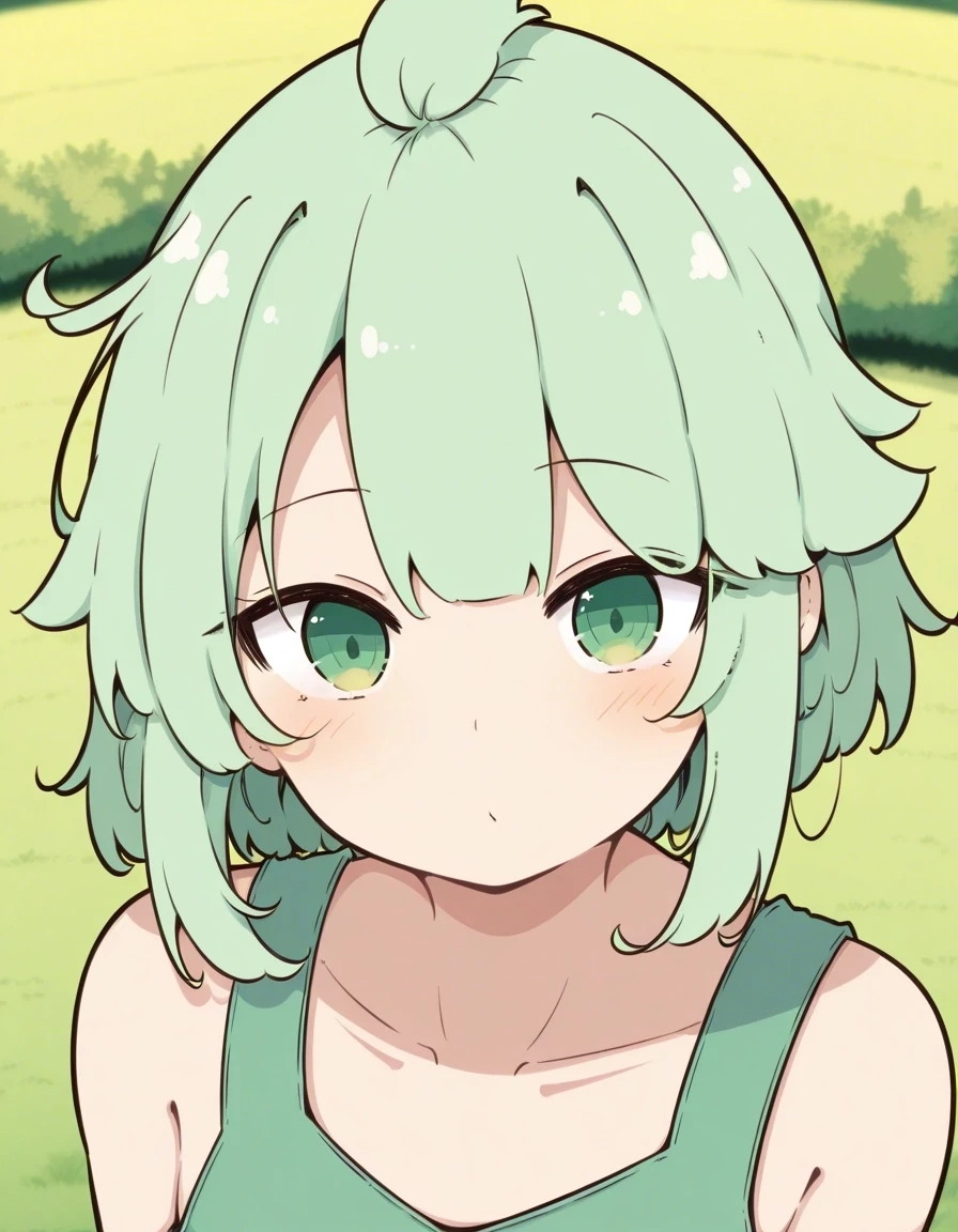 Example result. Prompt: 1girl, solo, mint green hair, short hair, spiked hair, looking at viewer, emerald green eyes, greenish-yellow sleeveless blouse, close…
