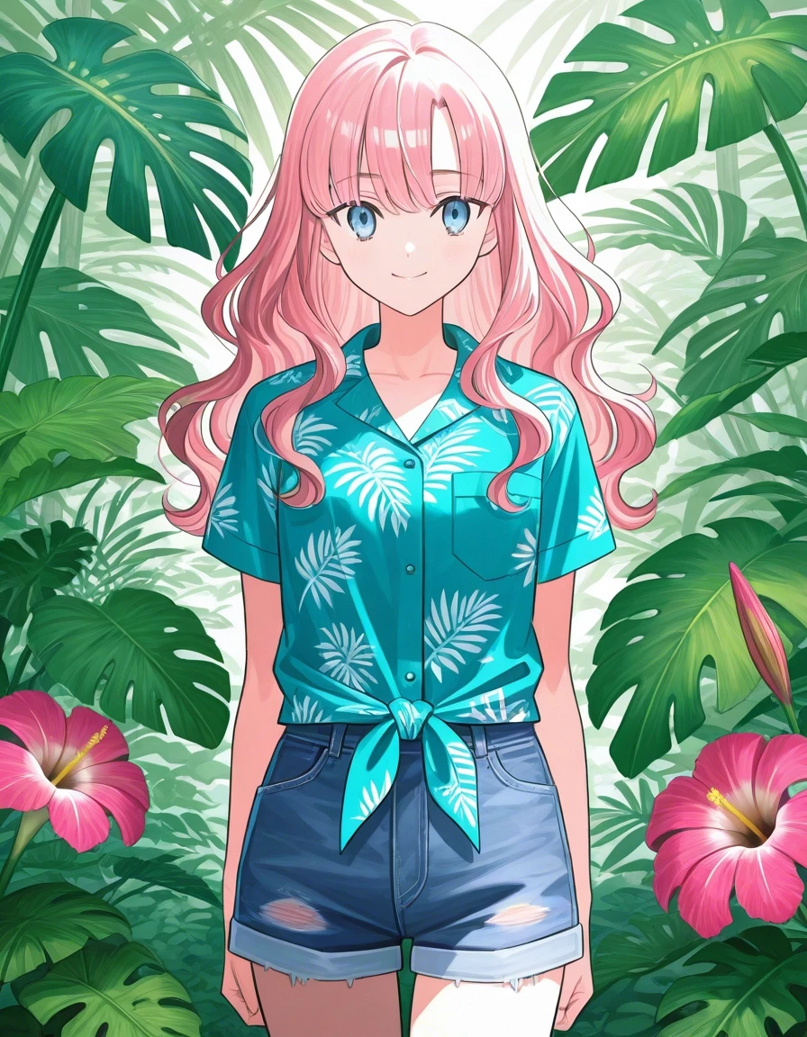 Example result. Prompt: 1girl, solo, pink hair, wavy hair, smile, blue eyes, green-blue Hawaiian print camp shirt tied at waist, denim shorts, straight on,…