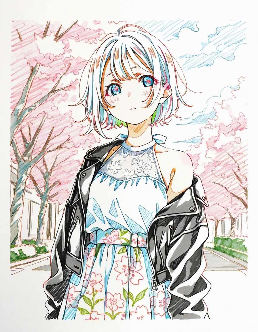 Example result. Prompt: 1girl, solo, silver hair, pixie cut hair, white blouse, halter blouse, leather jacket, floral print skirt, full skirt, cloudy,…