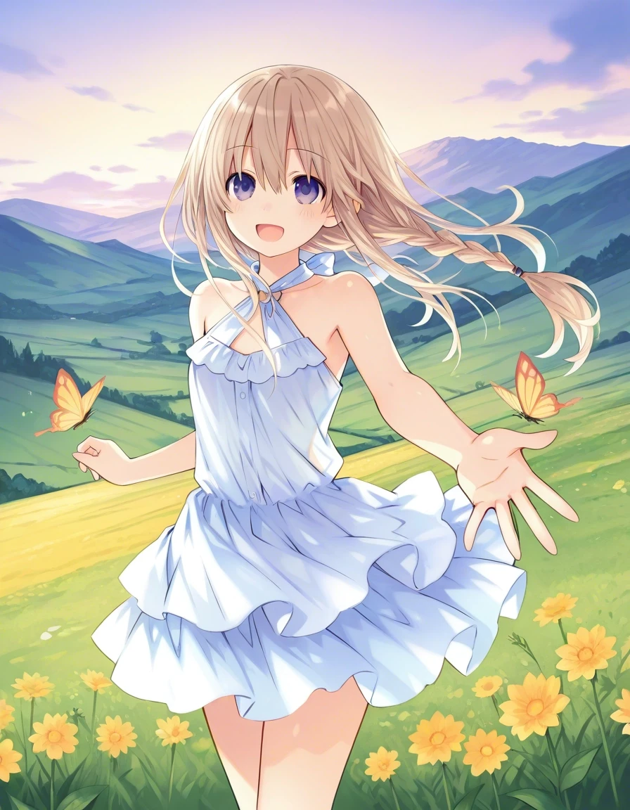Example result. Prompt: 1girl, solo, smiling, halter blouse, ruffled skirt, braided hair, reaching for a butterfly, cowboy shot, on a hill, wildflowers,…