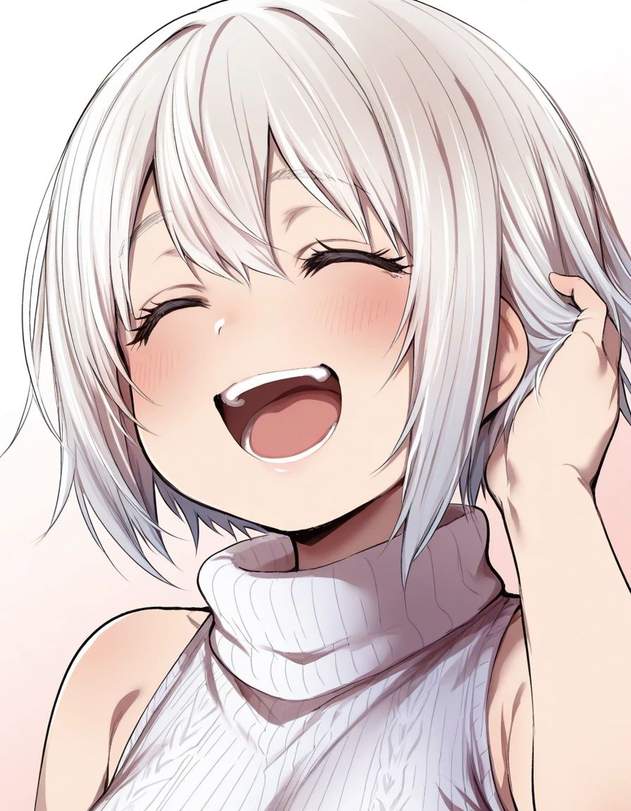 Example result. Prompt: 1girl, solo, white hair, short hair, sleeveless turtleneck sweater, fuzzy sweater, laughing, white sweater, pale gradient background,…