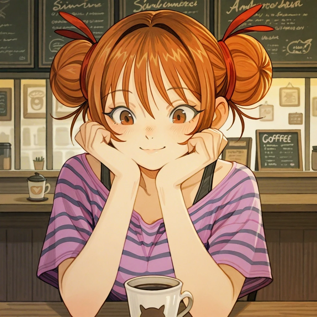 Example result. Prompt: 1girl, close up, striped shirt, purple-wine shirt, amber hair, messy bun, coffee shop, upper body, masterpiece, best quality, amazing…