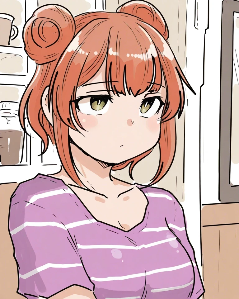 Example result. Prompt: 1girl, close up, striped shirt, purple-wine shirt, amber hair, messy bun, coffee shop, upper body, masterpiece, best quality, amazing…