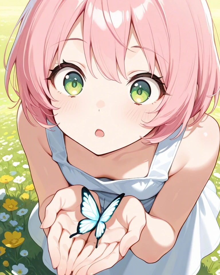 Example result. Prompt: 1girl, close up, pink hair, short hair, sleeveless dress, bending forward, facing viewer, hands together, cupping hands, looking at a…