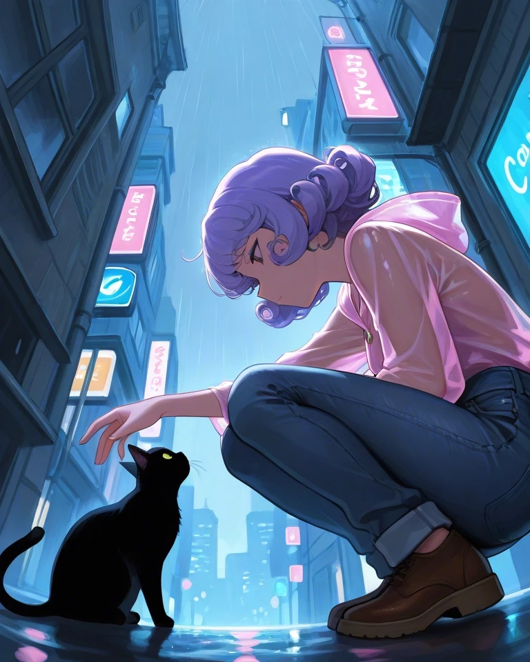 Example result. Prompt: 1girl, lavender hair, short hair, curly hair, transparent jacket, hood, magenta blouse, denim jeans, crouching, looking down at a cat,…