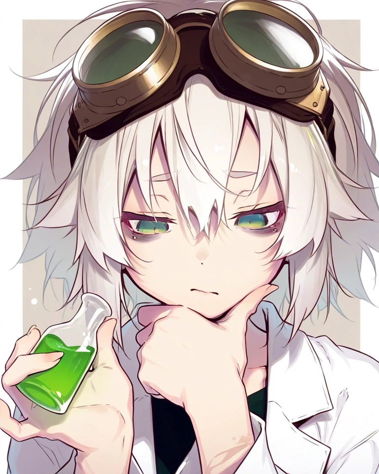 Example result. Prompt: 1girl, messy short white hair, green eyes, tired eyes, dark circles under eyes, burns on arms, burns on face, steampunk goggles on…