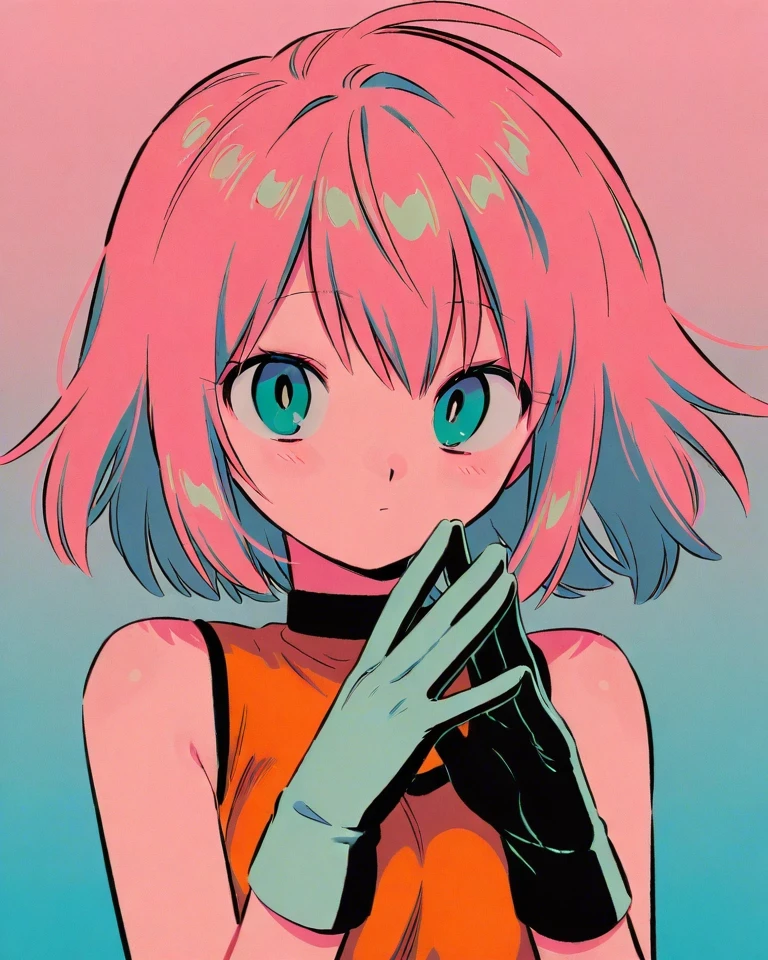Example result. Prompt: 1girl, pink hair, sleeveless shirt, orange shirt, aqua eyes, steepled fingers, gloves, gradient background, masterpiece, best quality,…