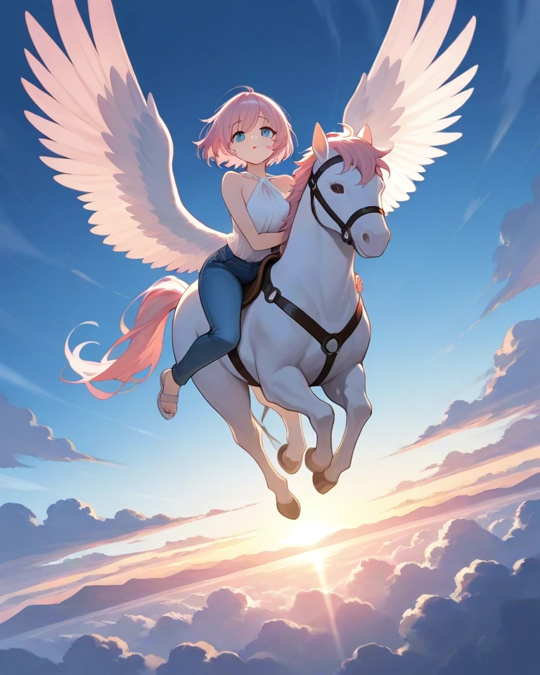 Example result. Prompt: 1girl, pink hair, short hair, blue jeans, halter blouse, riding animal, riding Pegasus, flying Pegasus, flying toward viewer, she is…