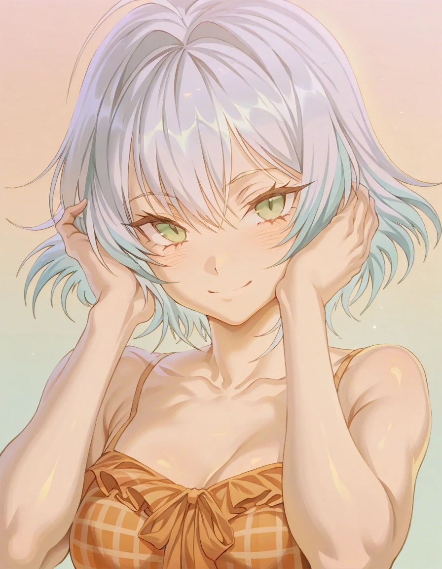 Example result. Prompt: 1girl, short hair, silver hair with aqua highlights, front view, green eyes, looking at viewer, hugging own head, smiling, plaid…