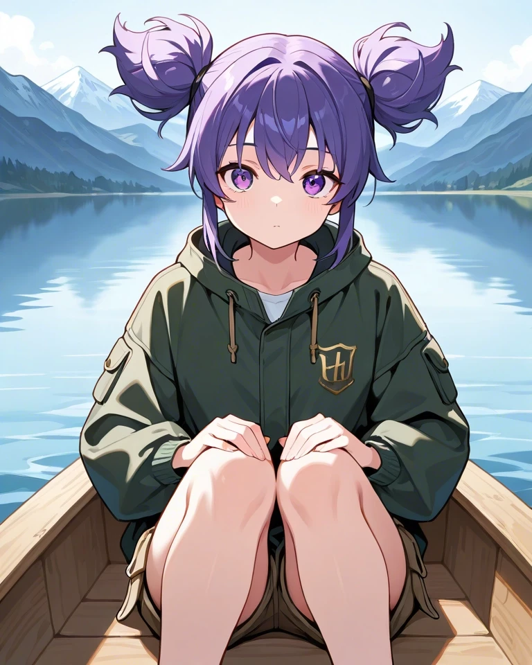 Example result. Prompt: 1girl, solo, canvas jacket, cargo shorts, violet hair, short hair, sitting in a small boat, facing viewer, looking at viewer, hugging…