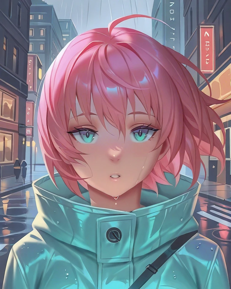 Example result. Prompt: 1girl, solo, close up, rain coat, pink hair, short hair, wind, night, city, scenic background, wet, street, reflections, neon, looking…