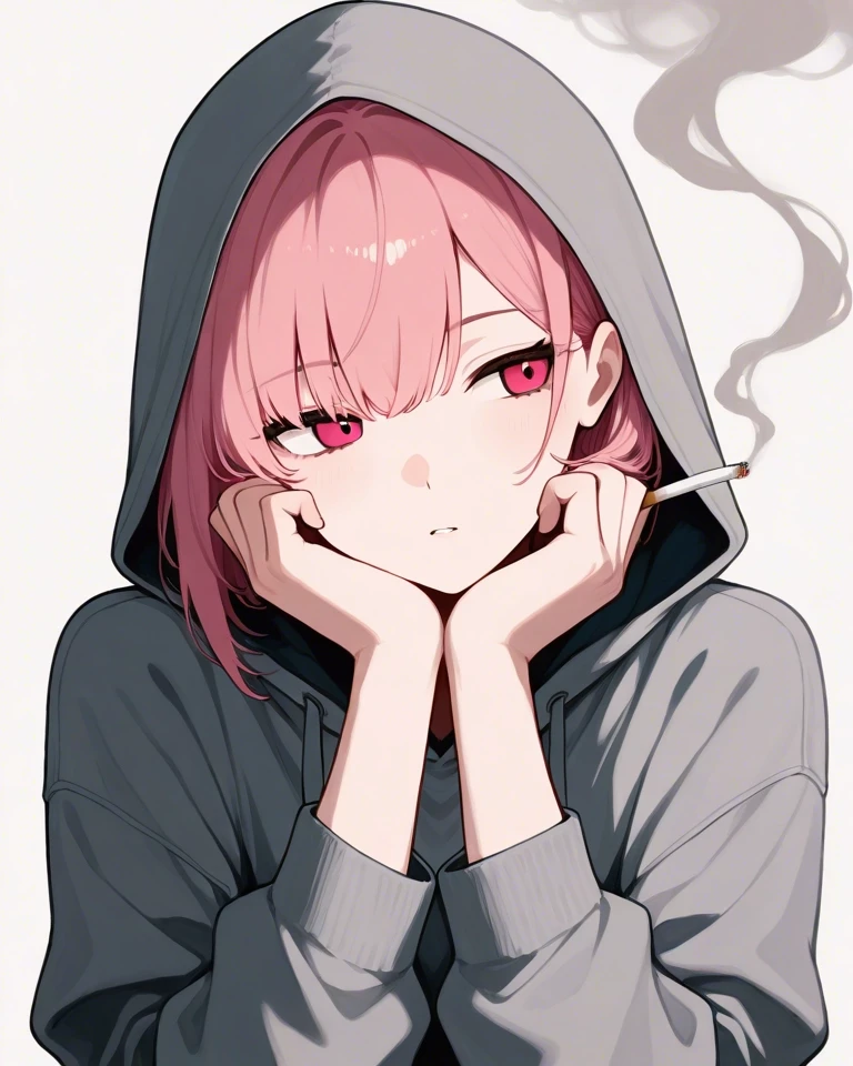 Example result. Prompt: 1girl, solo, gray hoodie, hood up, pink hair, short hair, smoking a cigarette, swirls of smoke, head in her hands, head tilt, looking…