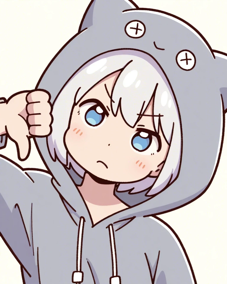 Example result. Prompt: 1girl, solo, gray hoodie, hood up, silver hair, blue eyes, short hair, (thumbs down:1.2), head tilt, angry expression, upper body,…