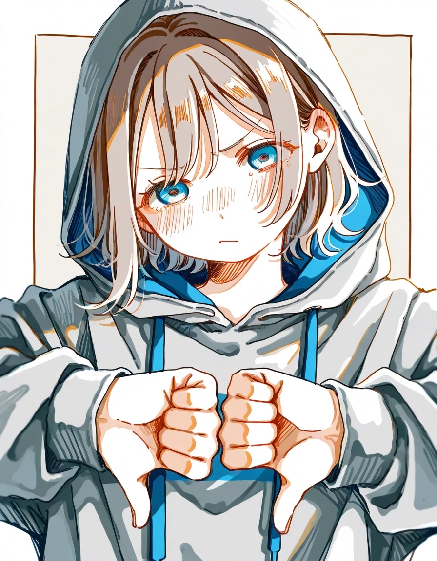 Example result. Prompt: 1girl, solo, gray hoodie, hood up, silver hair, blue eyes, short hair, (double thumbs down), head tilt, angry expression, upper body,…