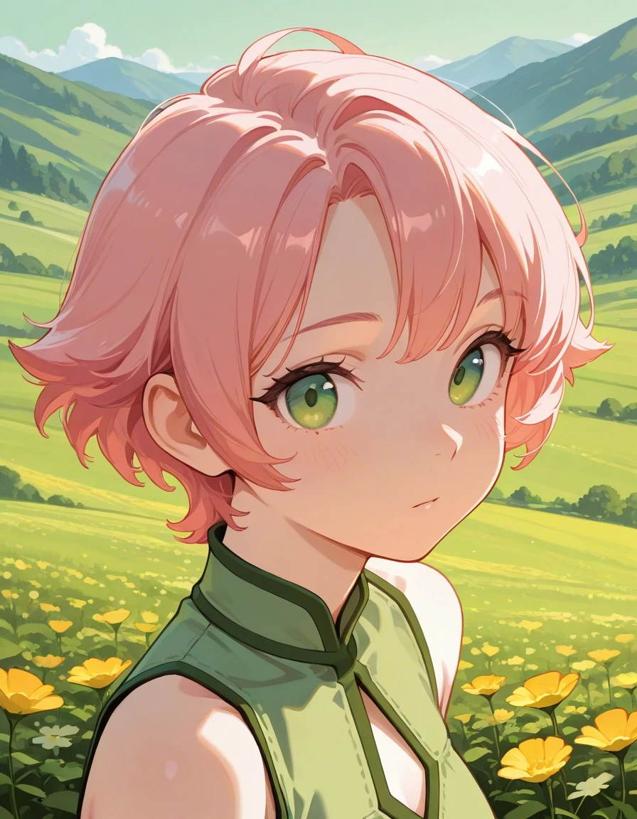Example result. Prompt: 1girl, solo, pink hair, short hair, quiff, looking at viewer, emerald green eyes, greenish-yellow sleeveless blouse, close portrait,…