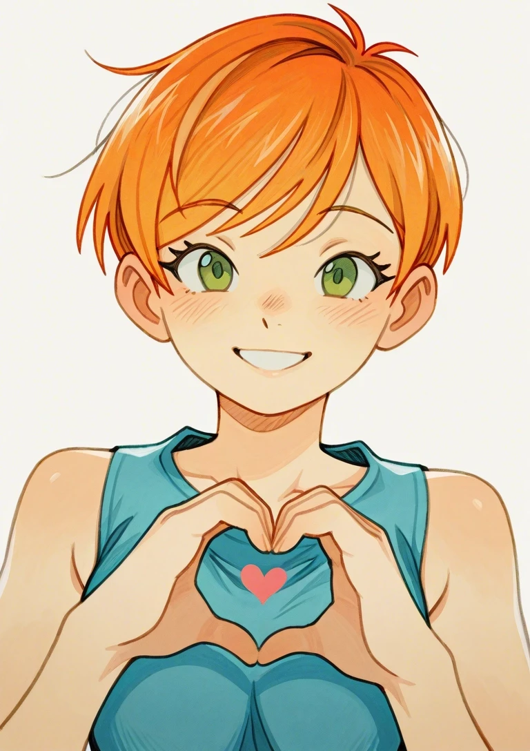 Example result. Prompt: 1girl, solo, turquoise blouse, sleeveless blouse, light orange hair, pixie cut hair, green eyes, heart hands, smiling, happy, looking…