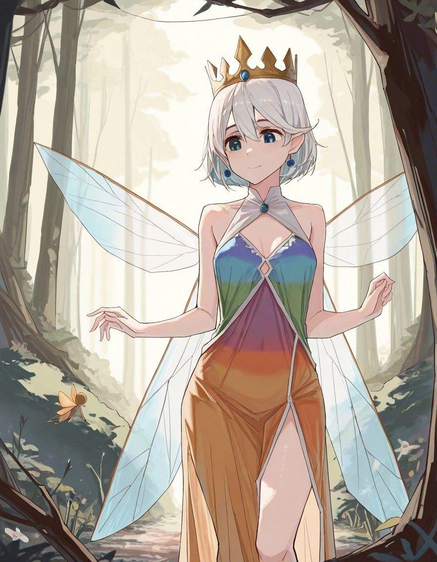 Example result. Prompt: 1girl, fairy, insect wings, translucent wings, large wings, sleeveless dress, rainbow ombre dress, slight smile, white hair, gold…