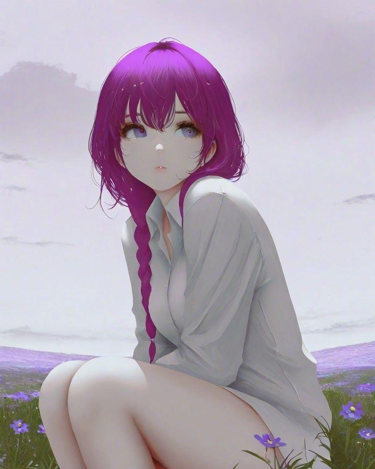 Example result. Prompt: 1girl, magenta hair, long hair, braided hair, dress shirt, sitting on a grassy hill, surrounded by wildflowers, cloudy sky, pale…