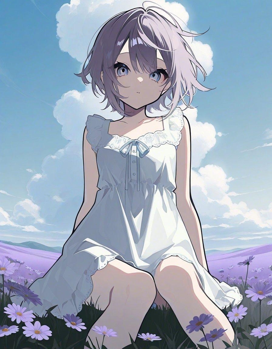 Example result. Prompt: 1girl, pale purple hair, short hair, messy hair, sleeveless blouse, sitting on a grassy hill, surrounded by wildflowers, cloudy sky,…