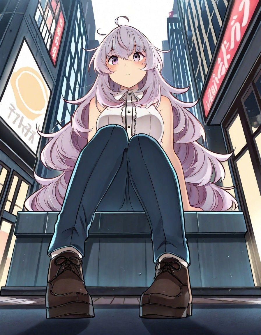 Example result. Prompt: 1girl, pale purple hair, long hair, messy hair, sleeveless blouse, pants, sitting on a curb, from below, city sidewalk, masterpiece,…