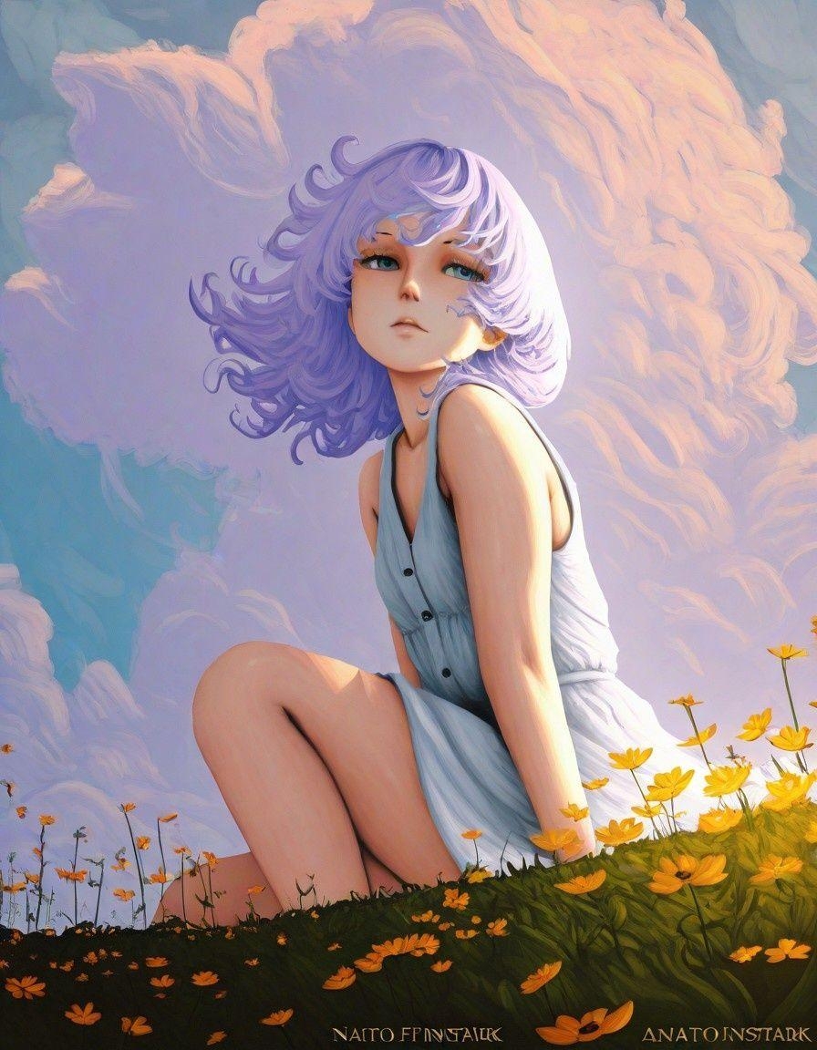 Example result. Prompt: 1girl, pale purple hair, medium hair, sleeveless blouse, sitting on a grassy hill, surrounded by wildflowers, cloudy sky, close…