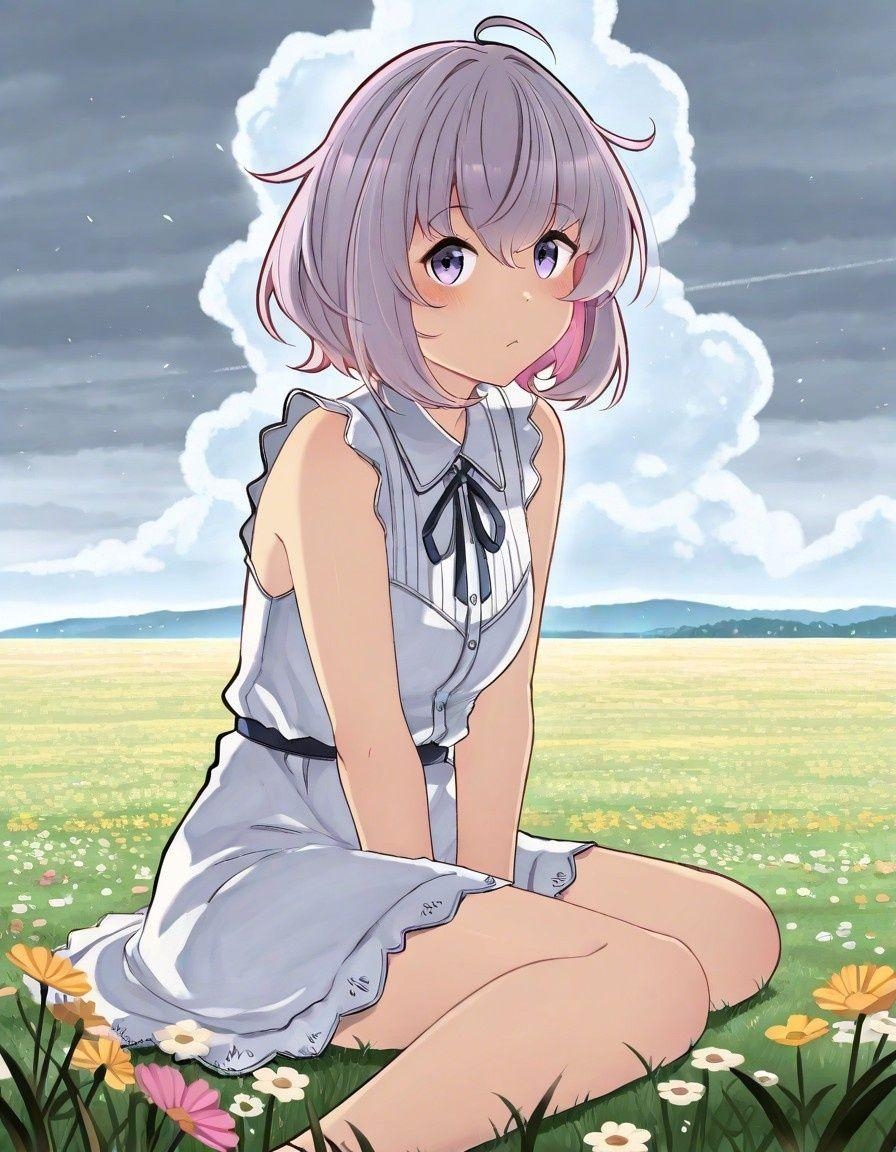 Example result. Prompt: 1girl, pale purple hair, short hair, messy hair, sleeveless blouse, sitting on a grassy hill, surrounded by wildflowers, cloudy sky,…