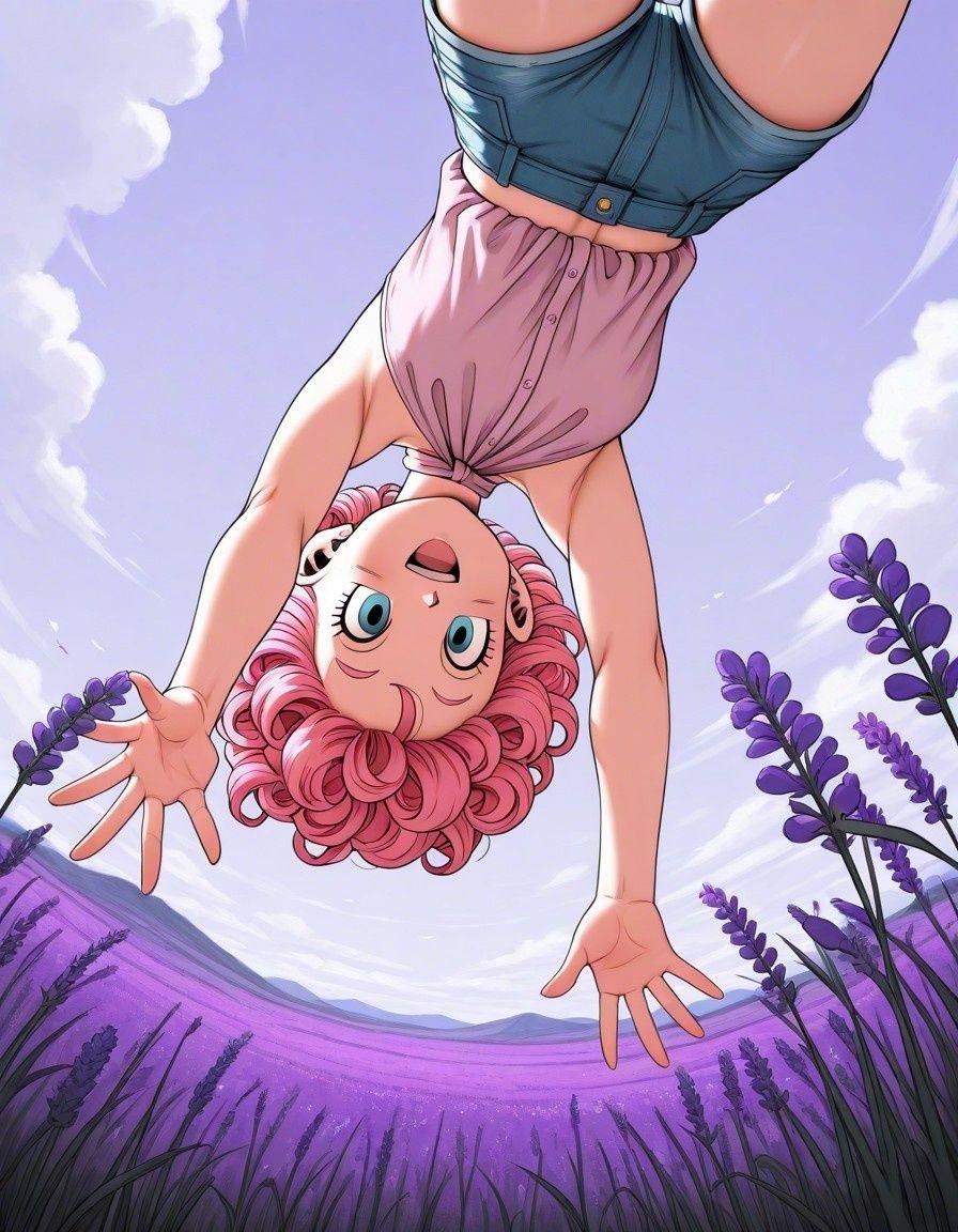 Example result. Prompt: 1girl, pink hair, curly hair, bending over, looking down, reaching for a lavender flower, smiling, in a lavender field, in Tuscany,…