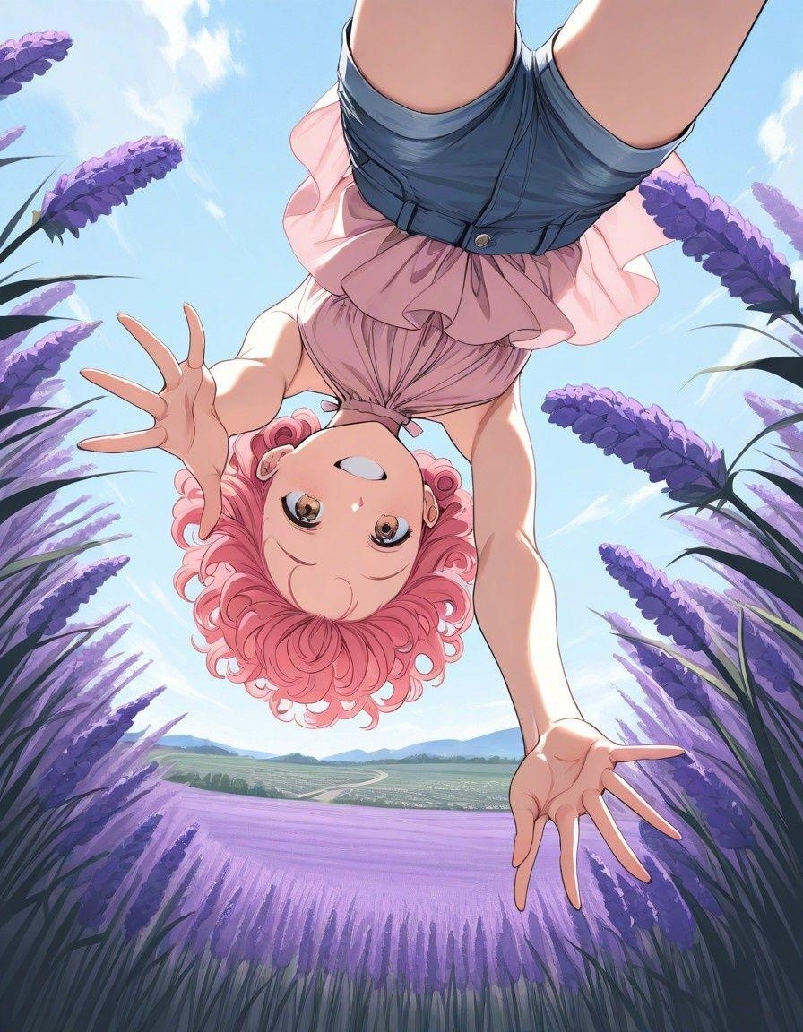 Example result. Prompt: 1girl, pink hair, curly hair, bending over, looking down, reaching for a lavender flower, smiling, in a lavender field, in Tuscany,…