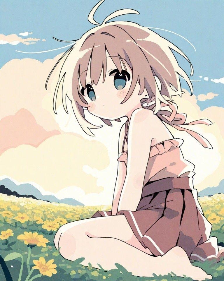 Example result. Prompt: 1girl, pink ruffled halter blouse, short pleated skirt, bare feet, sitting, seiza, on a wildflower hill, cloudy sky, masterpiece, best…