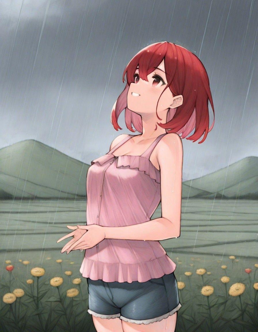 Example result. Prompt: 1girl, red hair, looking up, raining, in the rain, smiling, wet, pink blouse, sleeveless blouse, arms relaxed, denim shorts, ruffle…