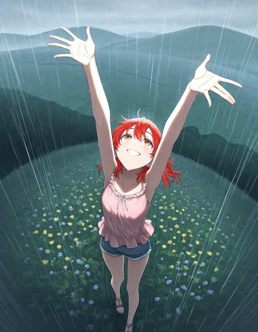 Example result. Prompt: 1girl, red hair, looking up, raining, in the rain, smiling, wet, pink blouse, sleeveless blouse, arms reaching up to the sky, from…