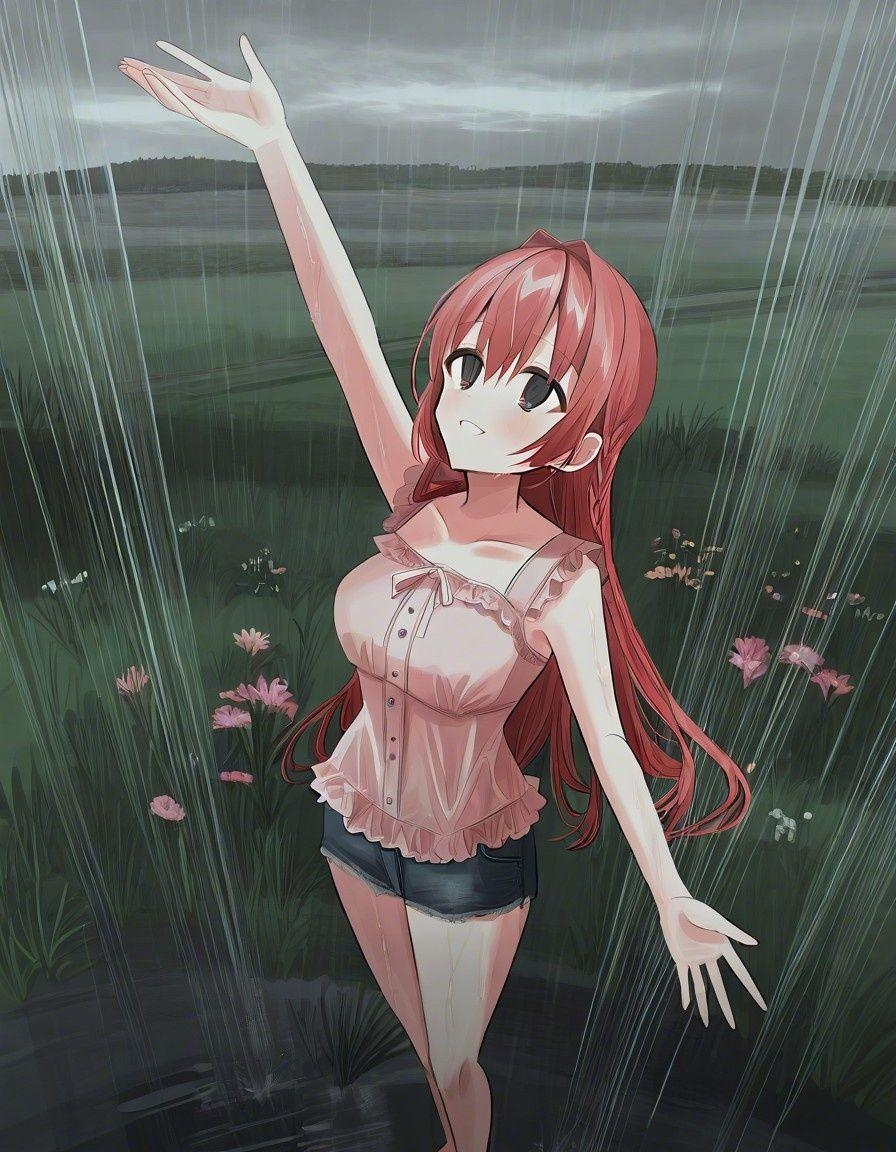 Example result. Prompt: 1girl, red hair, looking up, raining, in the rain, smiling, wet, pink blouse, sleeveless blouse, arms reaching up to the sky, from…
