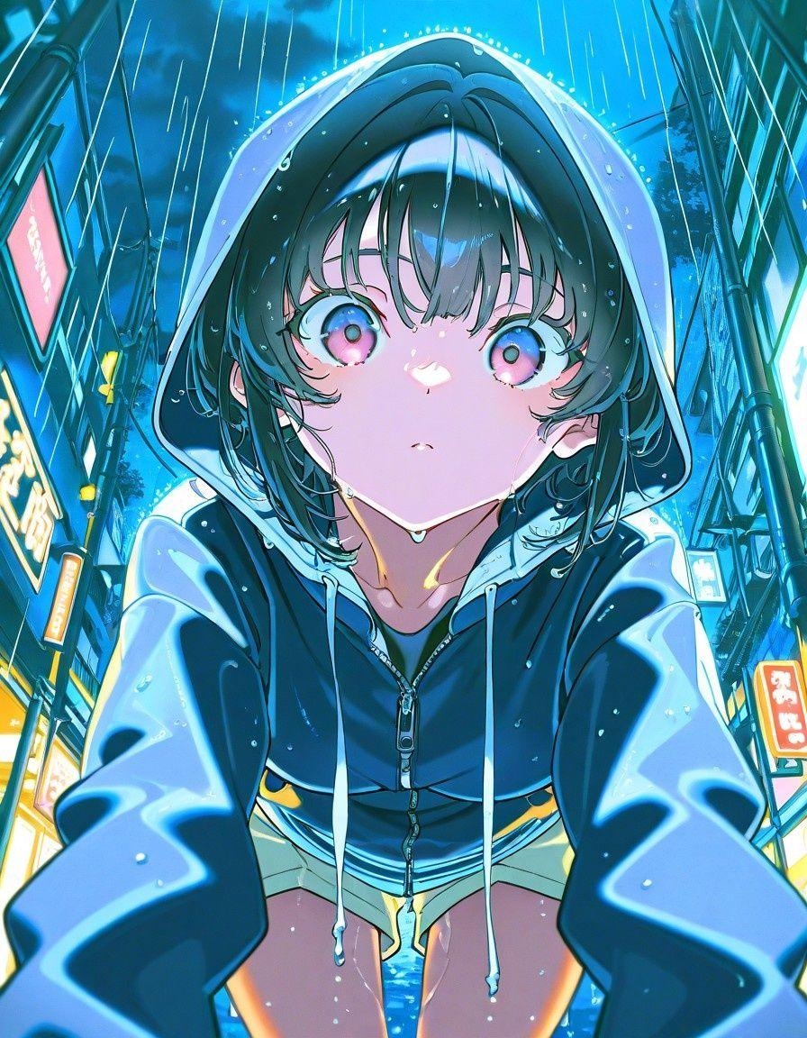 Example result. Prompt: 1girl, solo, close up, night, wet street, rain, raindrops, water, puddles, city, street, hood, jacket, navy jacket, shorts, bending…