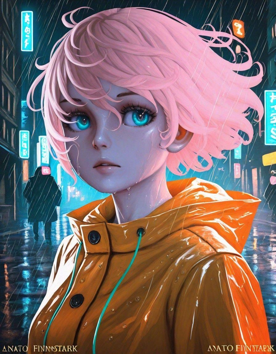 Example result. Prompt: 1girl, solo, close up, rain coat, pink hair, short hair, wind, night, city, scenic background, wet, street, reflections, neon, looking…