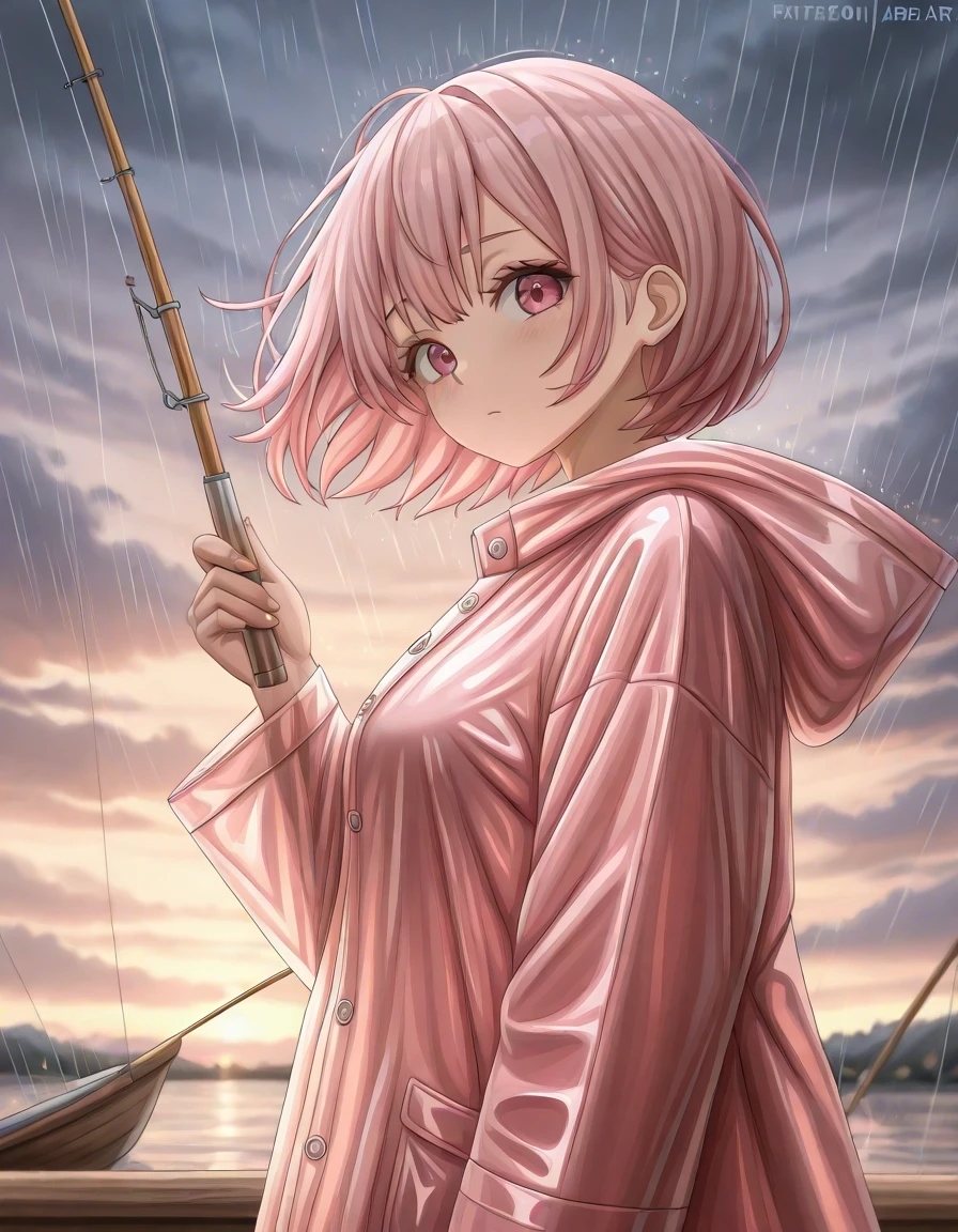 Example result. Prompt: 1girl, solo, close up, rain coat, pink hair, short hair, in a fishing boat, scenic cloudy background, dusk, wind, looking at viewer,…