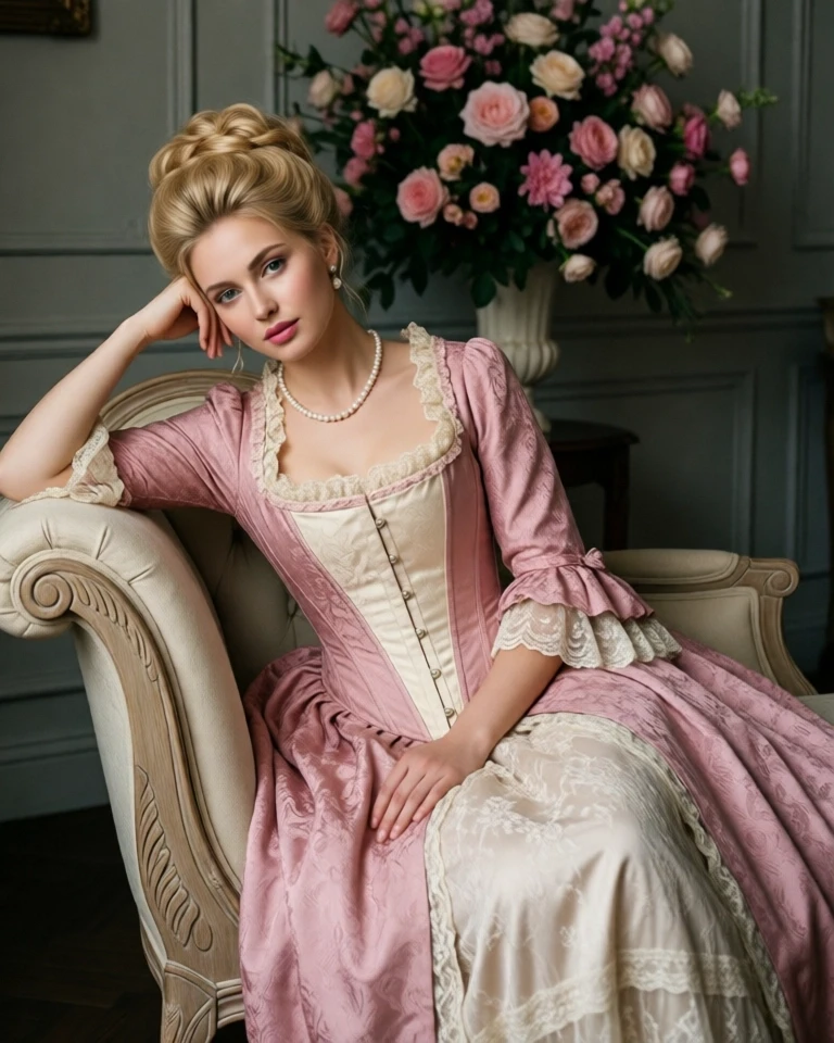 Example result. Prompt: a beautiful blonde with her long hair worn up in a wide Edwardian updo hairstyle. she is wearing a Victorian bustier in soft pink…