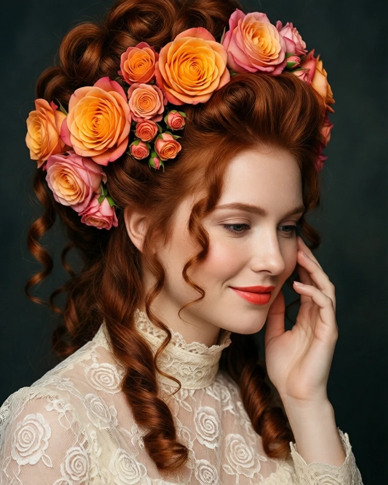 Example result. Prompt: a beautiful redhead with her long hair worn up in an elaborate rococo hairstyle. several loose curls dangle from the updo. in her…