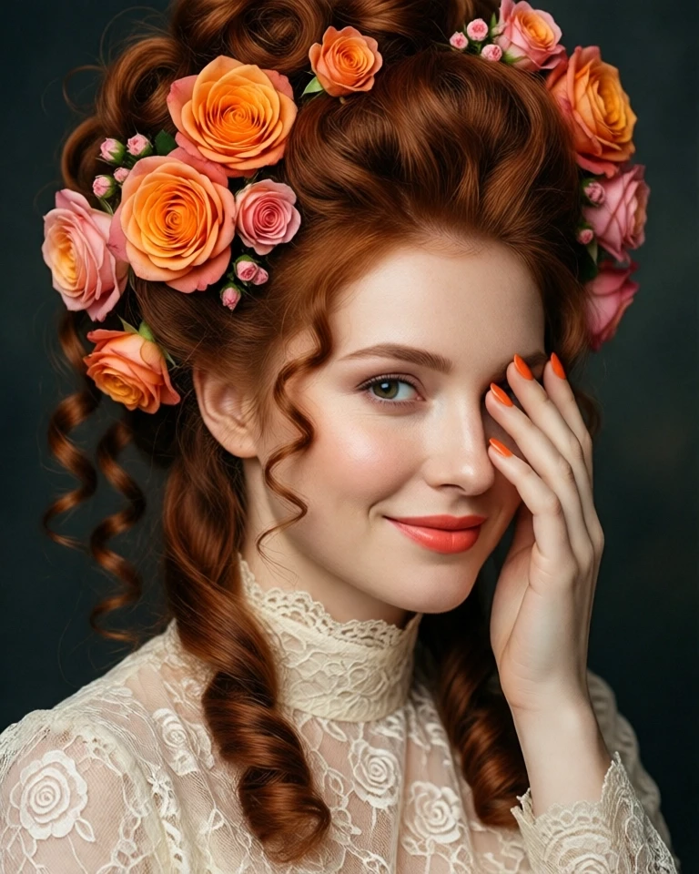 Example result. Prompt: a beautiful redhead with her long hair worn up in an elaborate wide rococo hairstyle. several small loose curls dangle from the updo.…