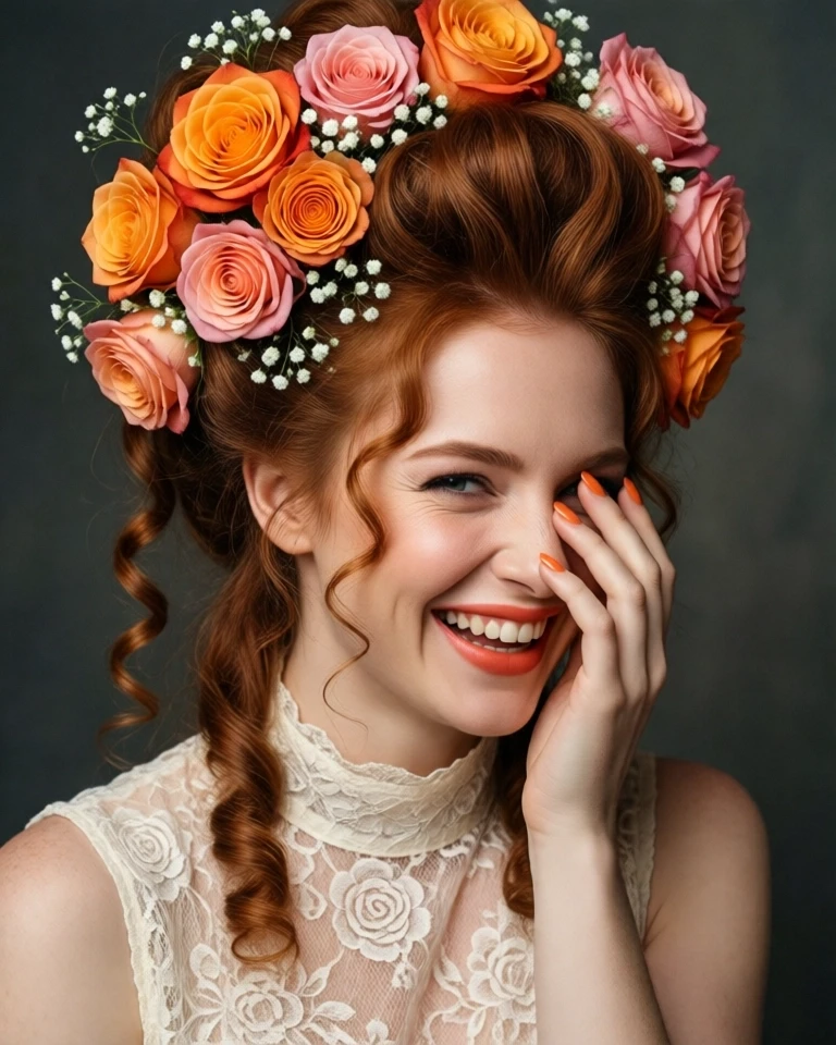 Example result. Prompt: a beautiful redhead with her long hair worn up in an elaborate wide rococo hairstyle. several loose curls dangle from the updo. in her…