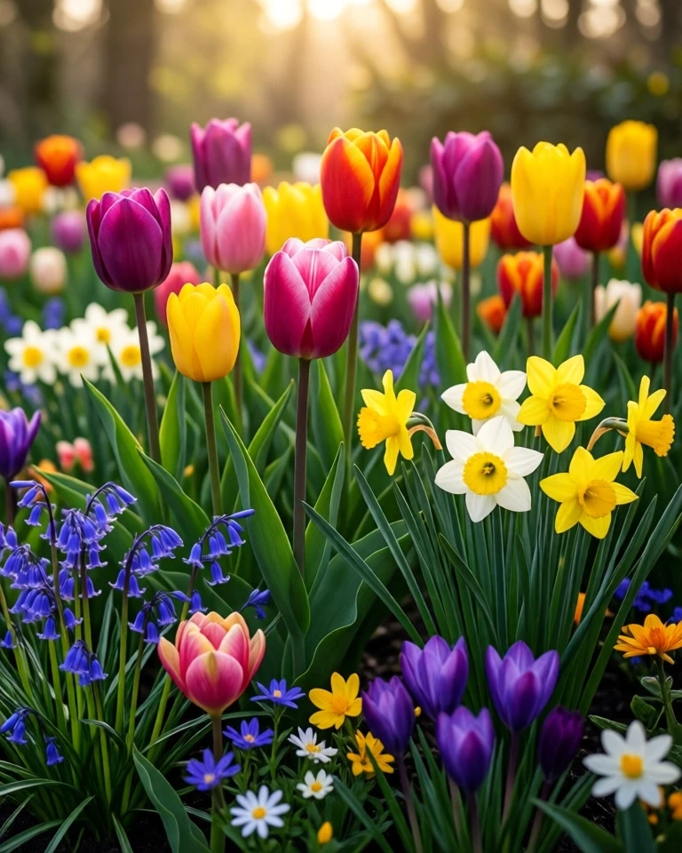 Example result. Prompt: a beautiful spring garden with many tulips in multiple colors, along with mixed daffodils in yellow and white, plus bluebells, crocus,…