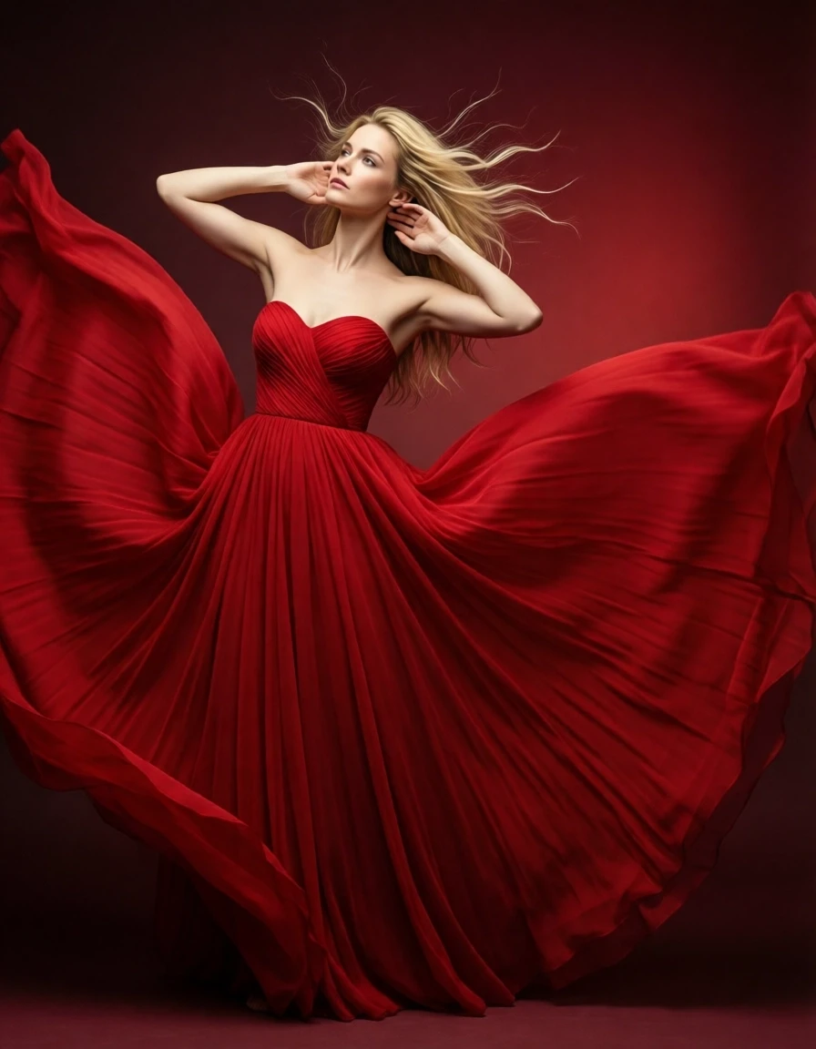 Example result. Prompt: a blonde woman with a contemplative expression, wearing red organza dress with a strapless sweetheart neckline and a very long full…