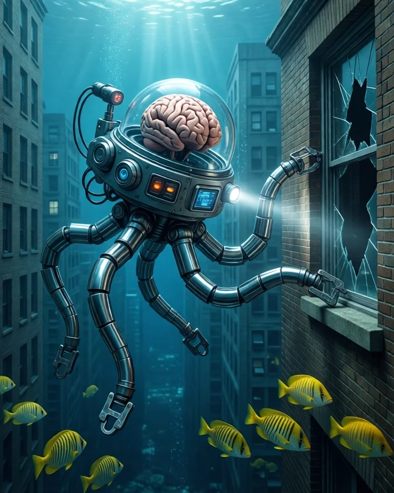 Example result. Prompt: a brain-controlled undersea robot. the brain is in a clear dome attached to robotic controls, visual sensors, a small flashlight, and…