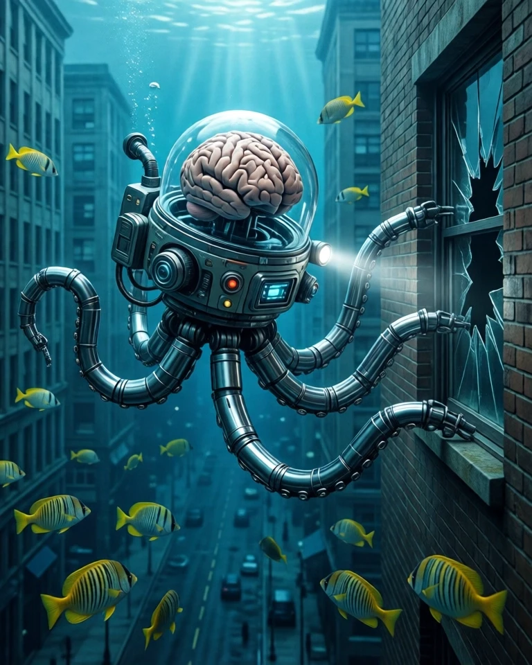 Example result. Prompt: a brain-controlled undersea robot. the brain is in a clear dome attached to robotic controls, visual sensors, a small flashlight, and…