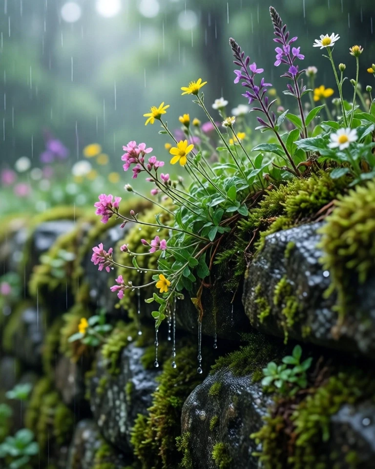 Example result. Prompt: A close-up photorealistic macro of a moss-covered stone wall in a misty forest during a gentle rain, tiny clusters of pink and yellow…
