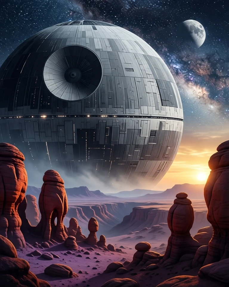 Example result. Prompt: a Death Star–like space station: a massive, perfectly spherical gray metallic hull. a faint circular trench runs around the…