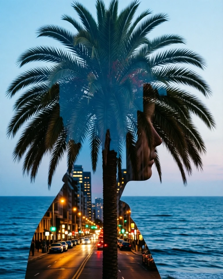 Example result. Prompt: a double exposure image featuring a large palm tree cleanly silhouetted against the ocean background. the silhouette is inlaid with a…
