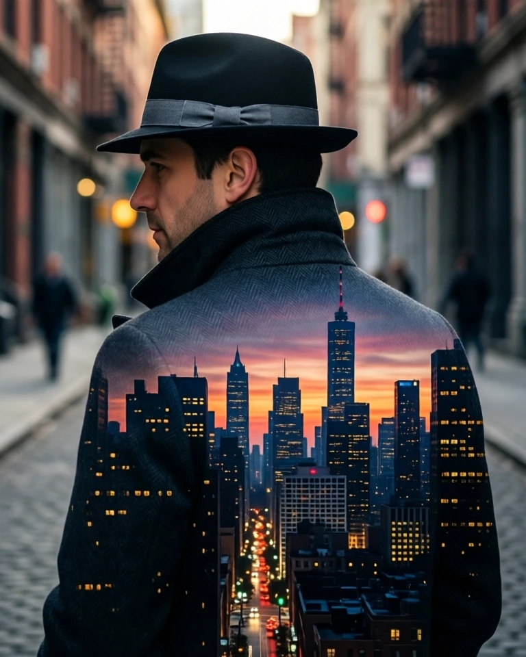 Example result. Prompt: a double exposure image featuring a man with his back to the viewer, wearing a dark wool coat, a black fedora with a gray band,…