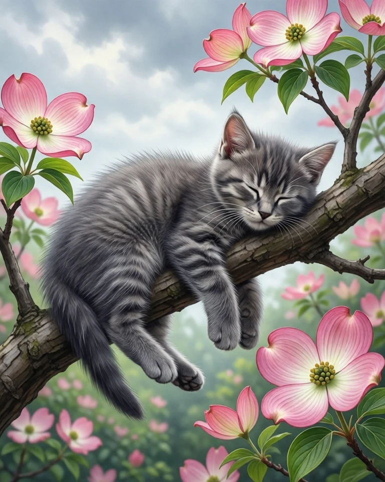 Example result. Prompt: a gray kitten laying on the branch of a pink dogwood tree, surrounded by Dogwood flowers. the kitten's body is resting on the branch…
